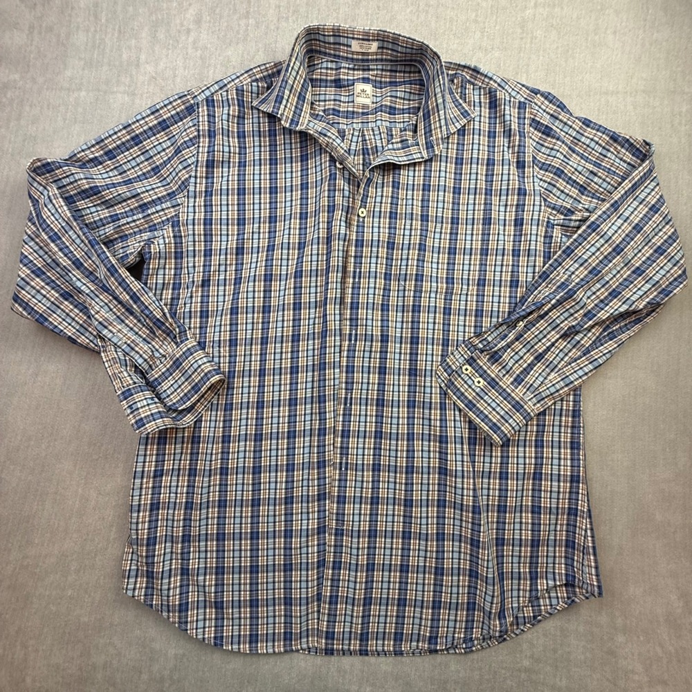 Peter‎ Millar Mens XL Blue Brown Plaid Cotton Button Down Shirt MF16W25CSL